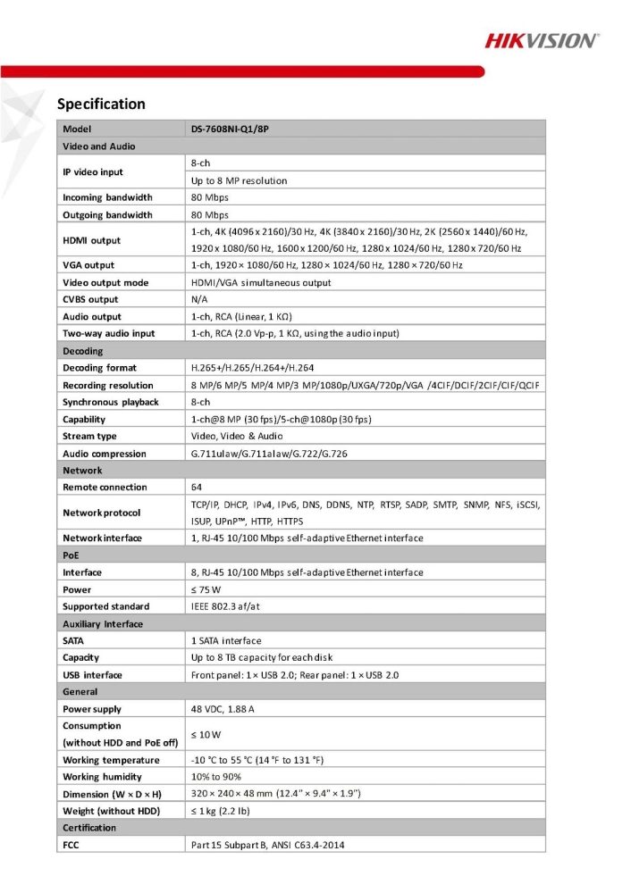 HIKVISION 8 Channel 8CH NVR with 8 PoE Support up to 8MP -  (DS-7608NI-Q1/8P) 