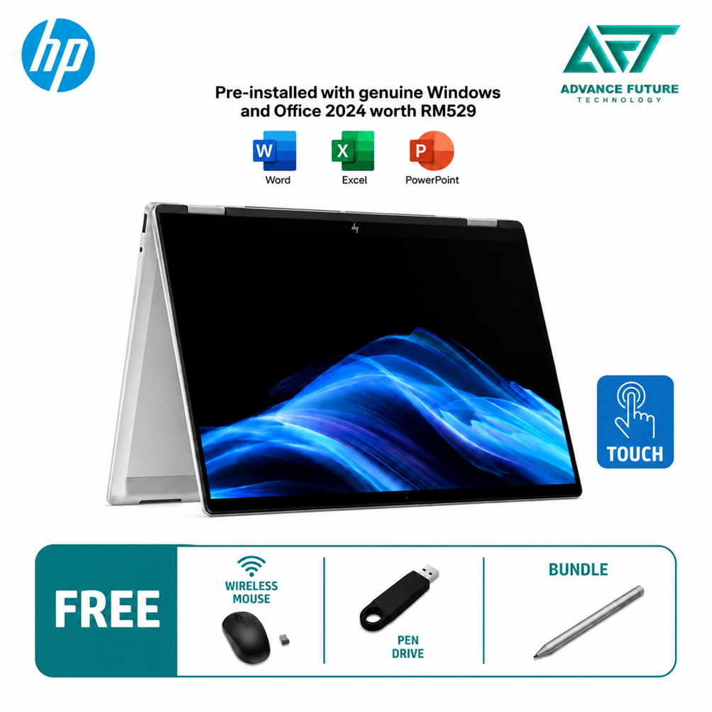 HP OmniBook X Flip 14-fk0048AU 14'' 2K AI Touch 2-In-1 Laptop Glacier Silver ( AMD Ryzen AI 7 350, 16GB, 512GB SSD, ATI, W11, H&S 2024&M365 )