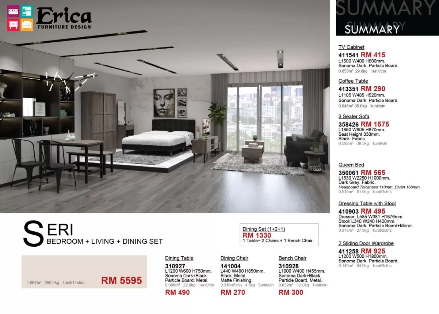 SERI COMBO SET (BEDROOM + LIVING ROOM + DINING SET)