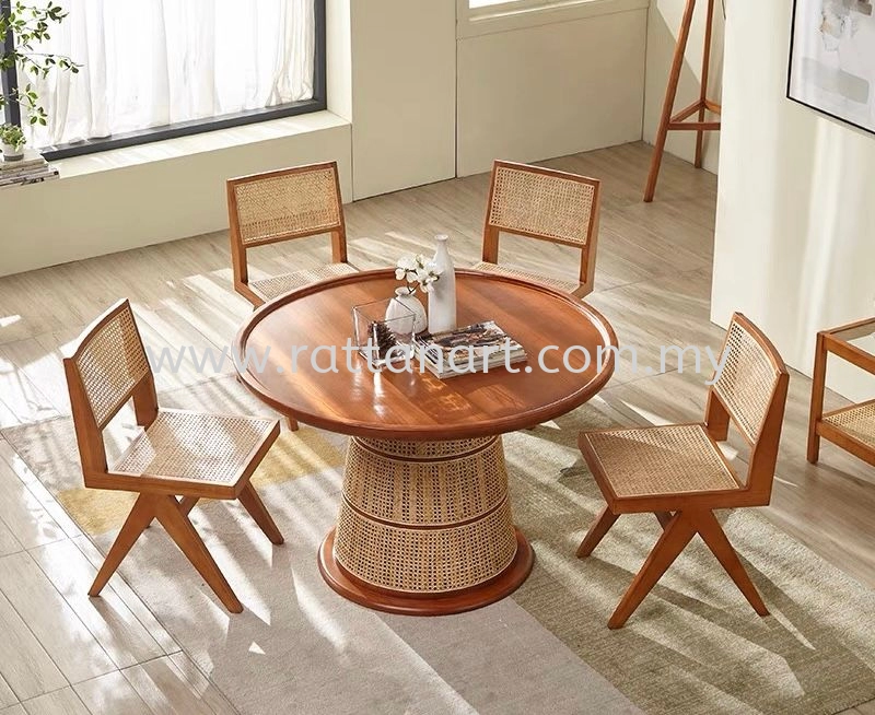 WOODEN DINING TABLE WITH RATTAN NETTING