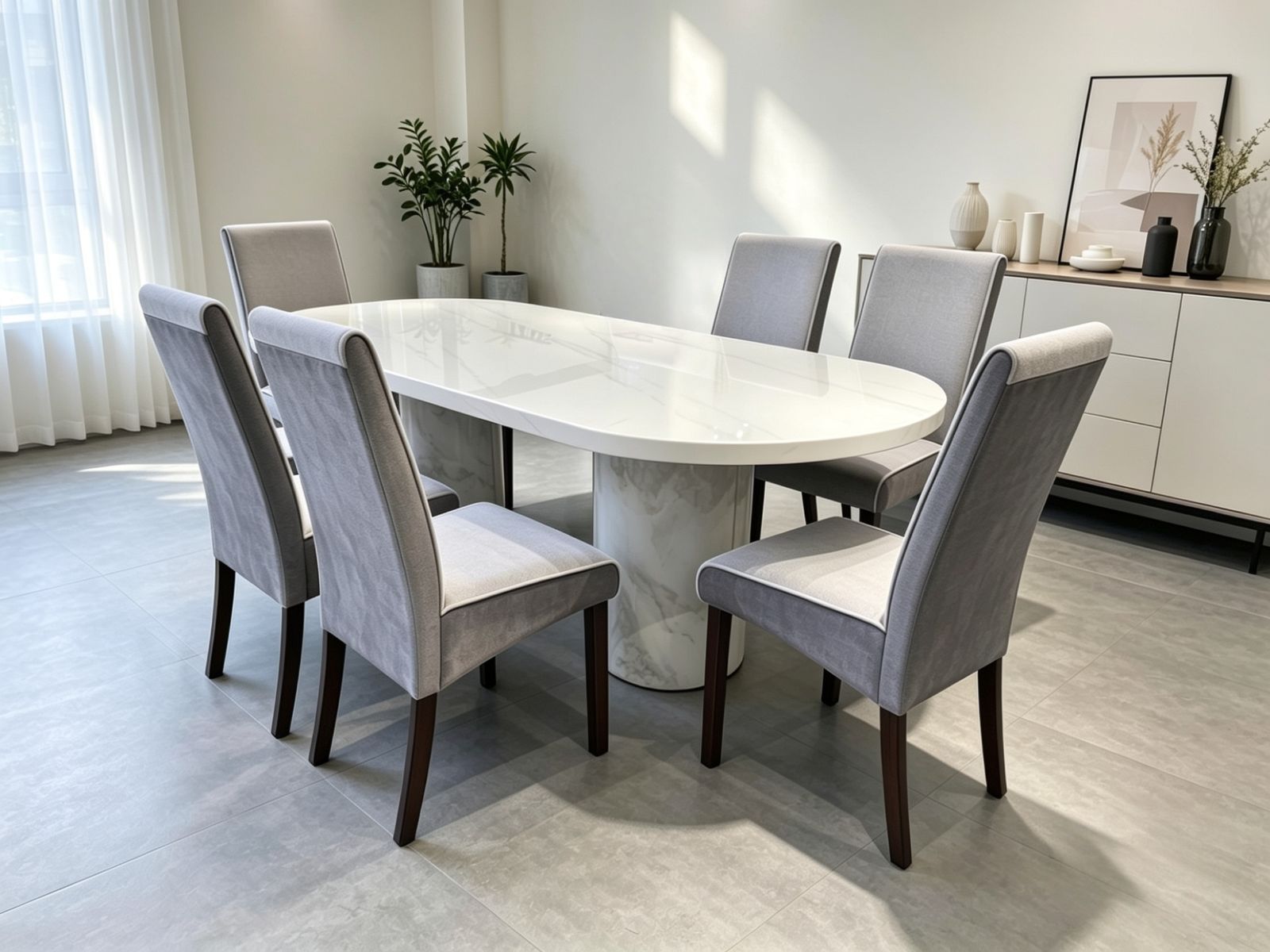 Oval Marble Dining Table Set (1 Table + 6 Chairs)