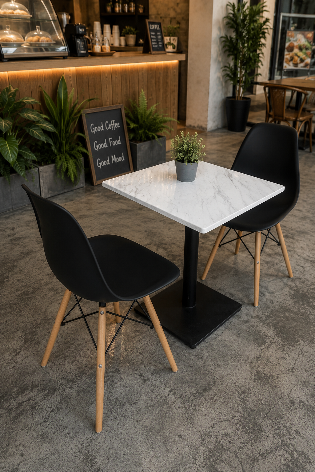 Square Marble Table with Square Base Leg + Plastic Chair Set