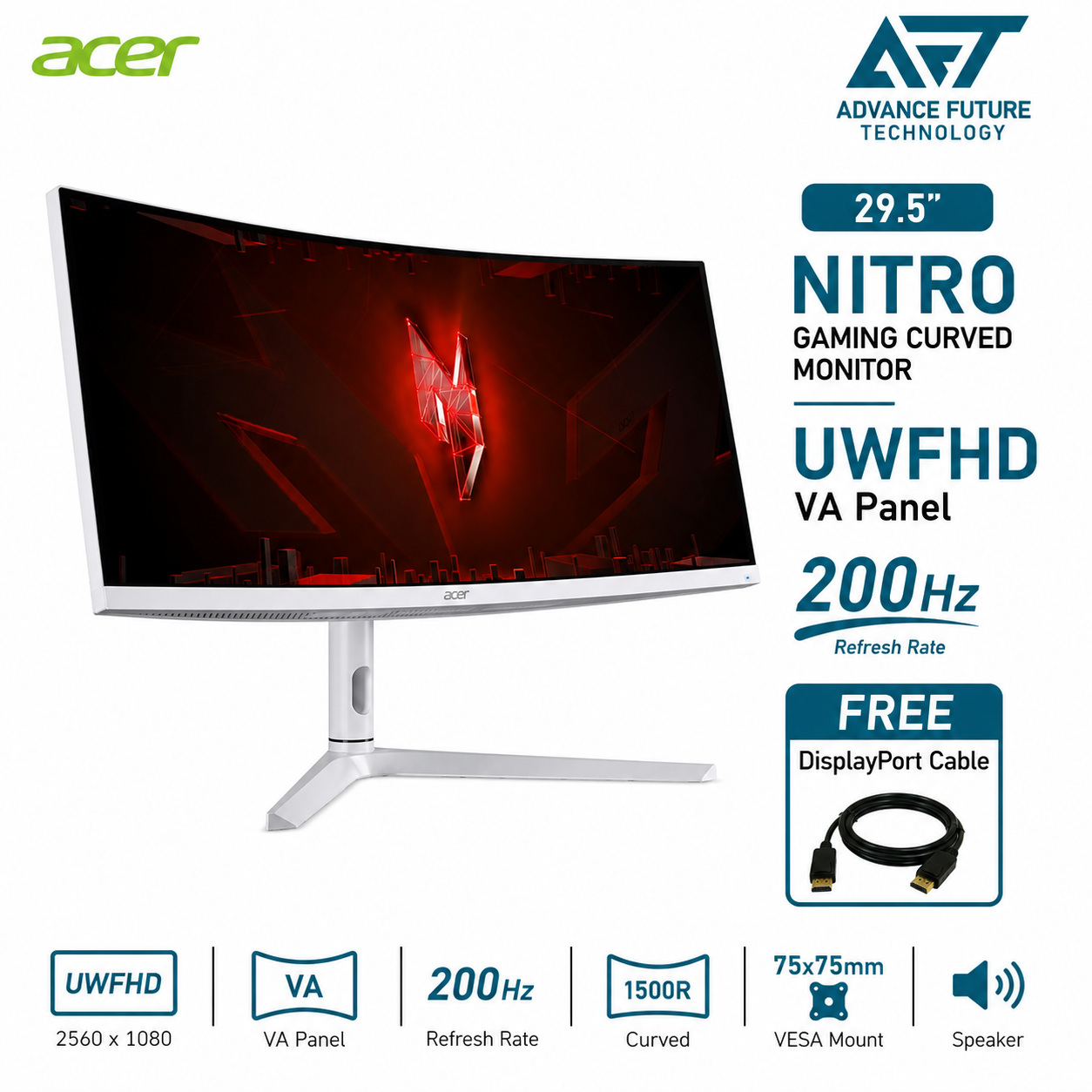 Acer Nitro XZ306CX 29.5'' UWFHD VA 200Hz Gaming Curved Monitor ( Speaker, 2x HDMI, DP, Audio-Out, 3 Years Warranty )