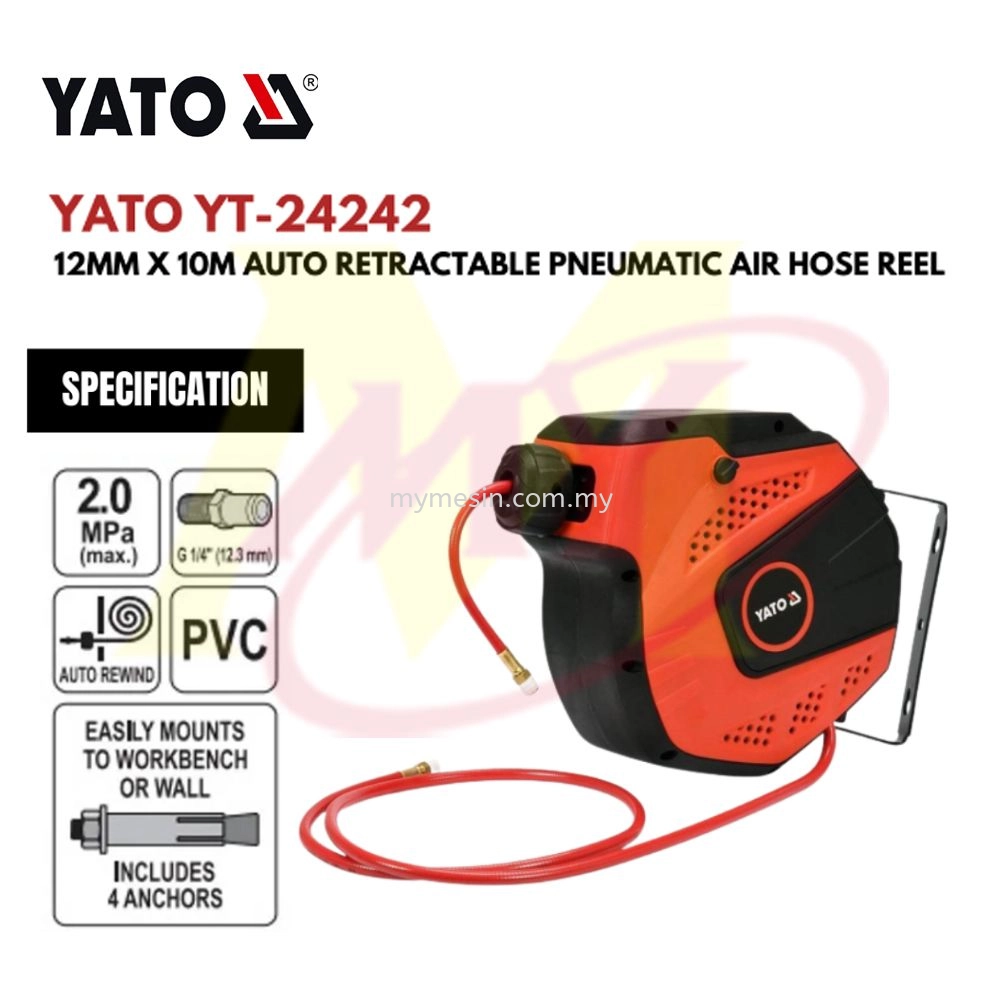 YATO YT-24242 12mm x 10meter Auto Retractable Pneumatic Air Hose Reel