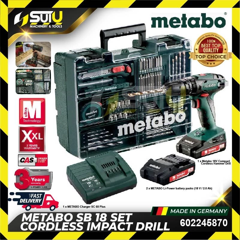 METABO 602245870 SB18 Set Cordless Impact Drill w/ 2x 18V 2.0Ah Batteries + 1 x Charger + Mobile Workshop