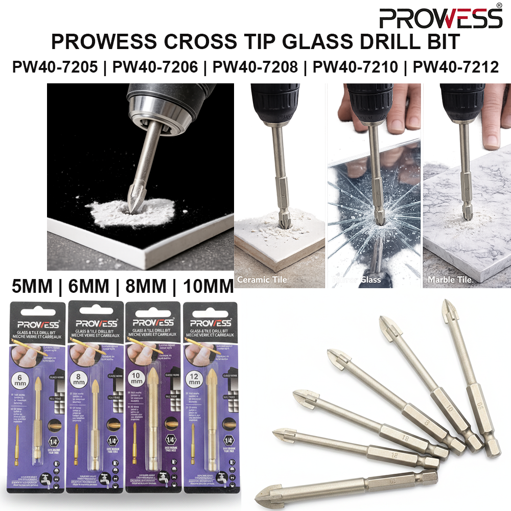 PROWESS CROSS TIP GLASS DRILL BIT | TUNGSTEN CARBIDE GLASS & TILE DRILL BIT | PROFESSIONAL DRILLING TOOL 5MM | 6MM | 8MM | 10MM | 12MM ( PW40-7205 | PW40-7206 | PW40-7208 | PW40-7210 | PW40-7212 )