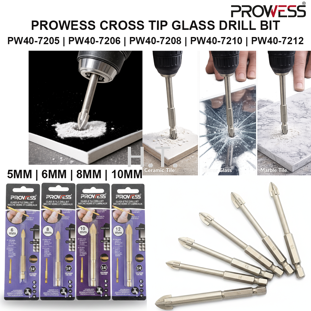 PROWESS CROSS TIP GLASS DRILL BIT | TUNGSTEN CARBIDE GLASS & TILE DRILL BIT | PROFESSIONAL DRILLING TOOL 5MM | 6MM | 8MM | 10MM | 12MM ( PW40-7205 | PW40-7206 | PW40-7208 | PW40-7210 | PW40-7212 )