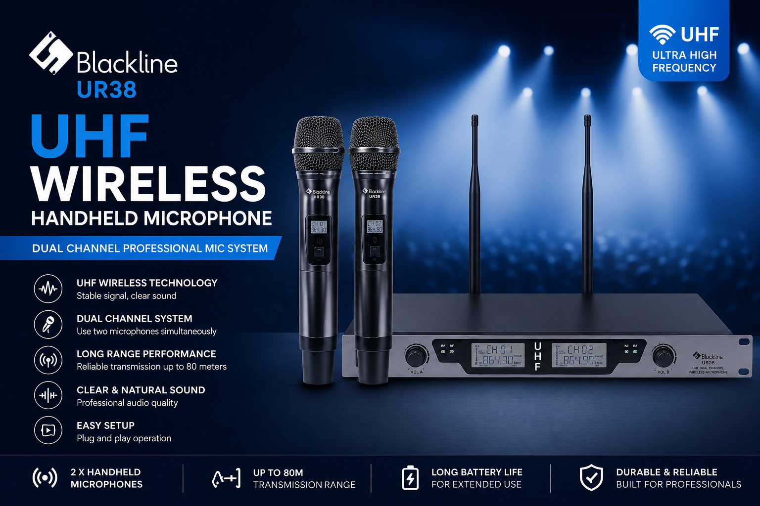 Blackline UR38 UHF Wireless Handheld Microphone – Dual Channel Professional Mic System