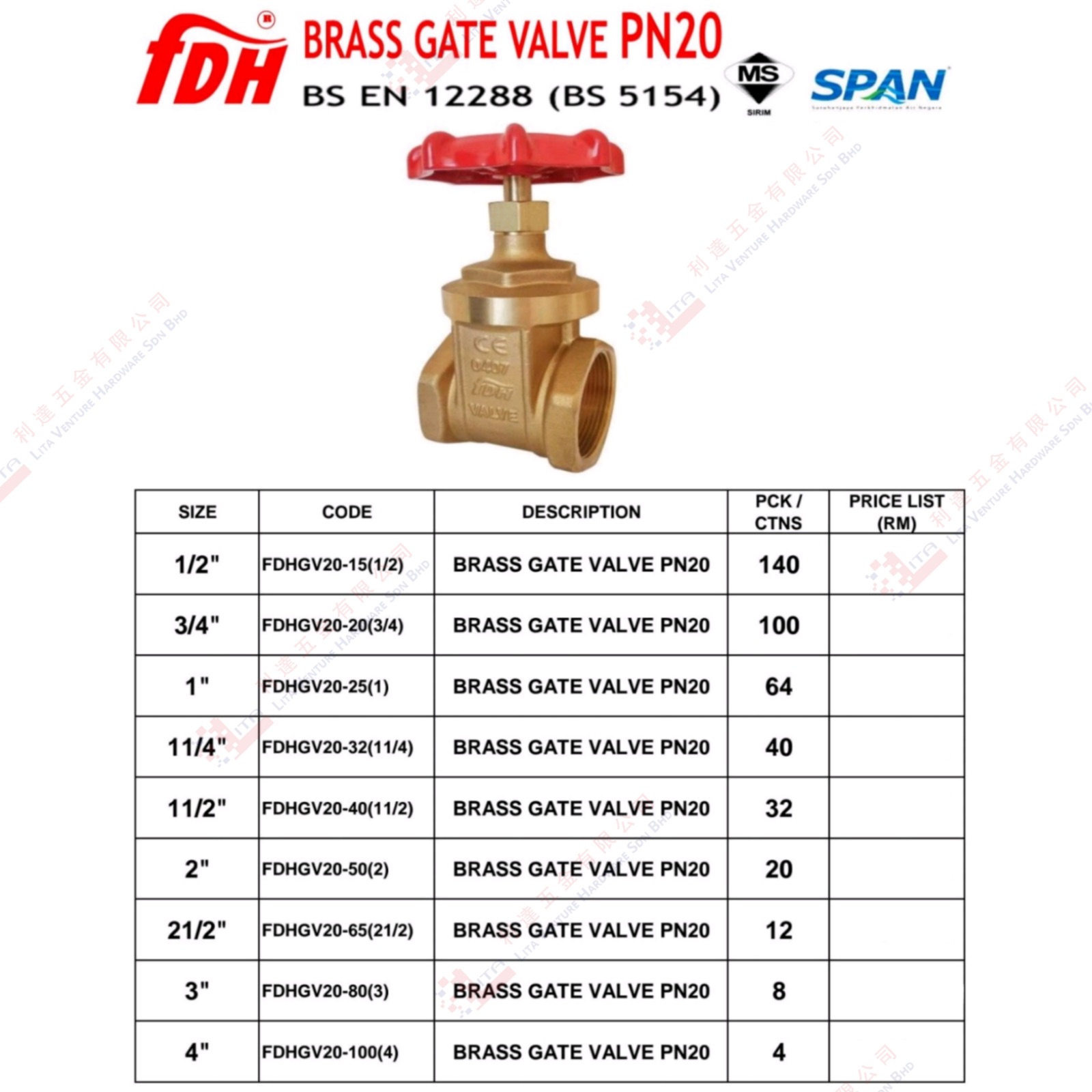 FDH BRAND BRASS GATE VALVE PN20 - FDGHV201512 FDGHV202034 FDGHV20251 FDGHV2032114 FDGHV2040112 FDGHV20502 FDGHV2065212 FDGHV20803 FDGHV201004