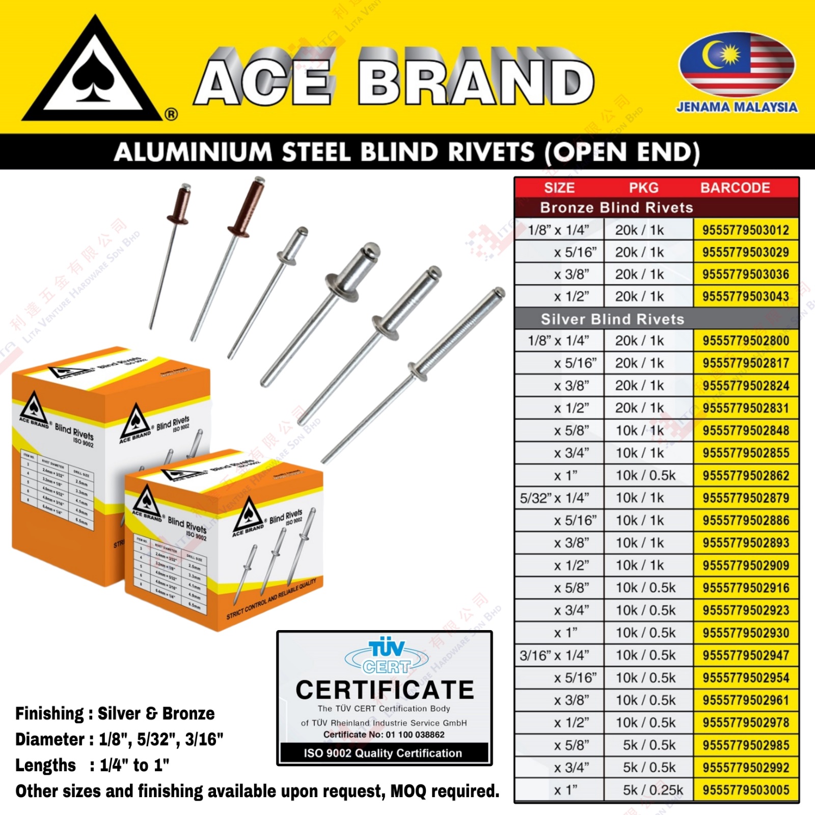 ACE BRAND BLIND RIVETS - 9555779503012 9555779503029 9555779503036 9555779503043 9555779502800 ..9555779502978