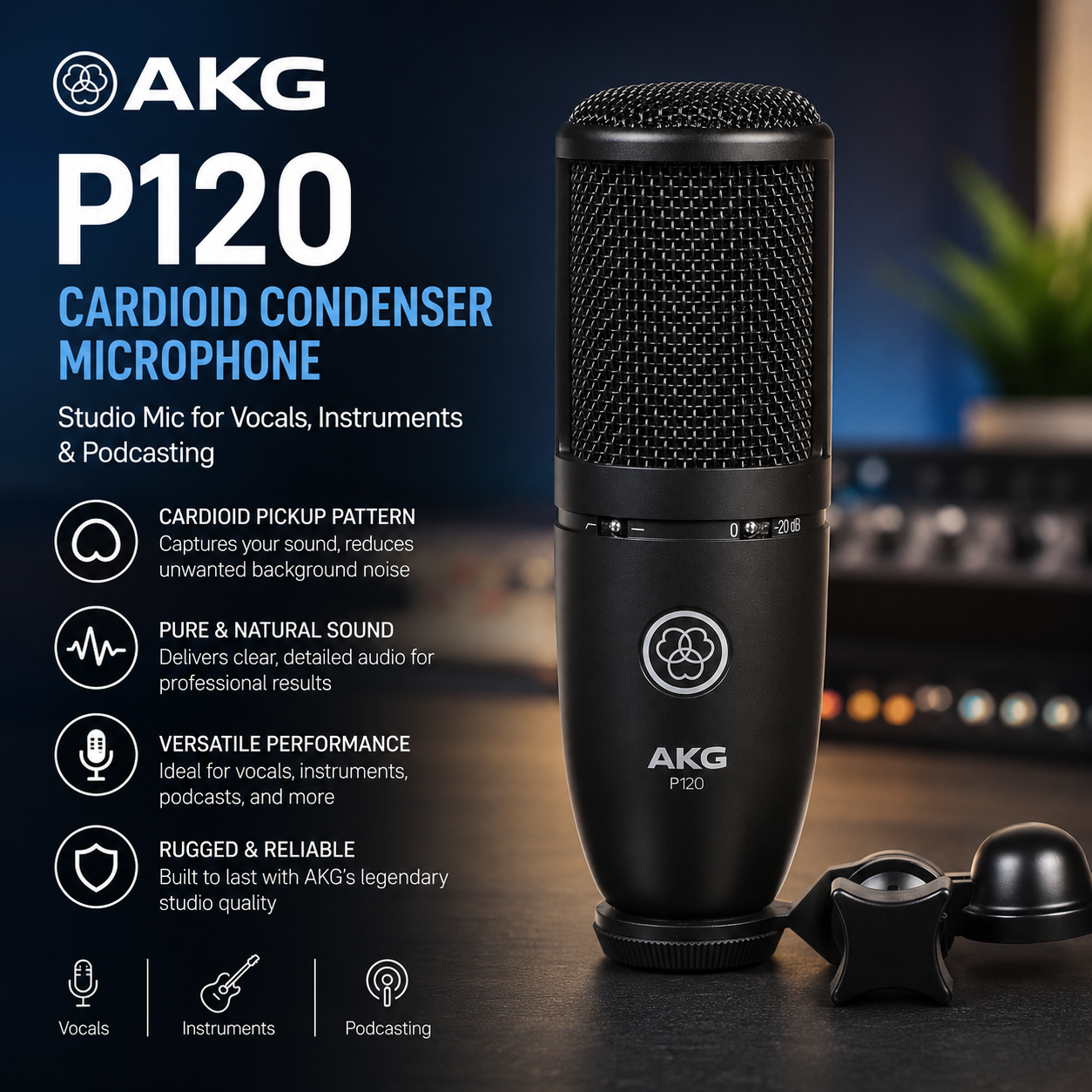 AKG P120 Mikrofon Kondensor Cardioid – Mikrofon Studio untuk Vokal, Instrumen & Podcast