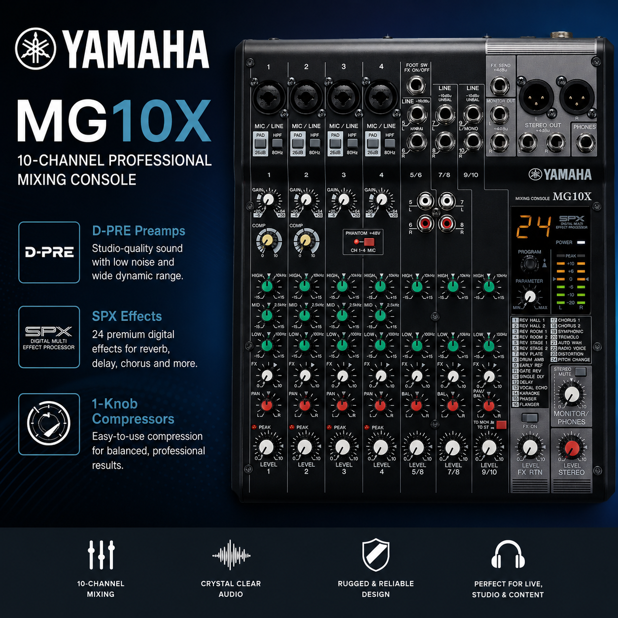 雅马哈 Yamaha MG10X – 10通道专业调音台，配备 D-PRE 前置放大器、SPX 效果器及一键压缩器