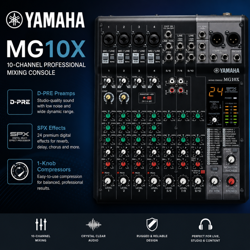 Yamaha MG10X – 10-Channel Professional Mixing Console with D-PRE Preamps, SPX Effects & 1-Knob Compressors