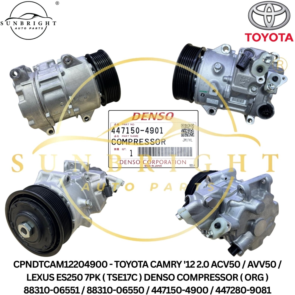 CPNDTCAM12204900 - TOYOTA CAMRY '12 2.0 ACV50 / AVV50 / LEXUS ES250 7PK ( TSE17C ) DENSO COMPRESSOR ( ORG ) 88310-06551 / 88310-06550 / 447150-4900 / 447280-9081
