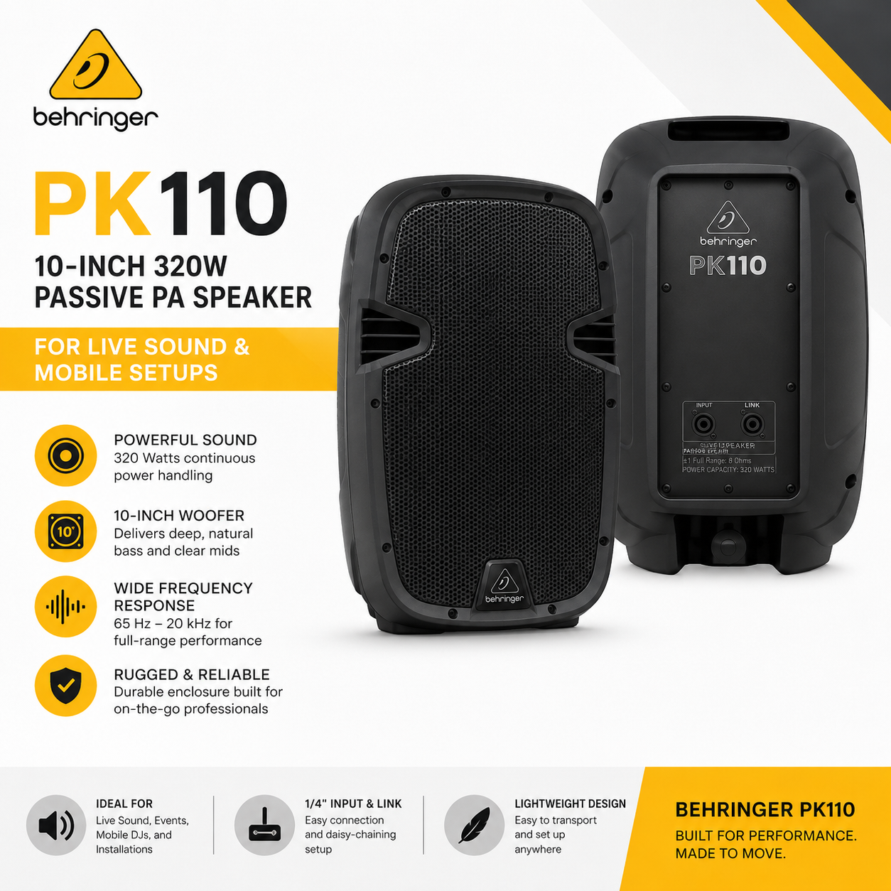 Behringer PK110 – 10-Inch 320W Passive PA Speaker for Live Sound & Mobile Setups