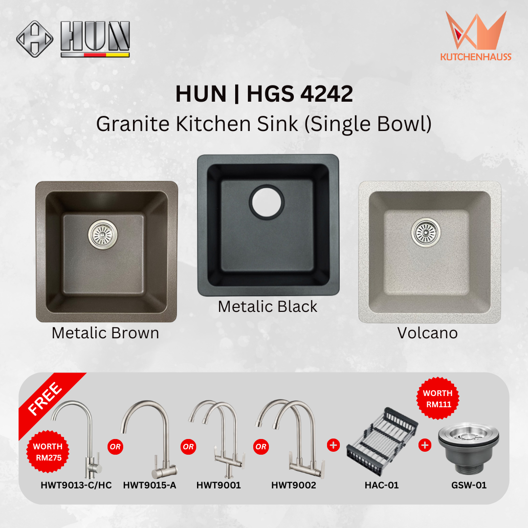 HUN - Square Kitchen Granite Sink Single Bowl Package (3 Colours) | HGS 4242