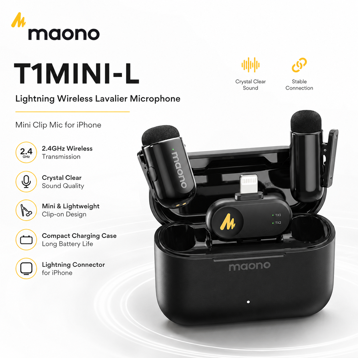 Maono T1MINI‑L Lightning Wireless Lavalier Microphone – Mini Clip Mic for iPhone