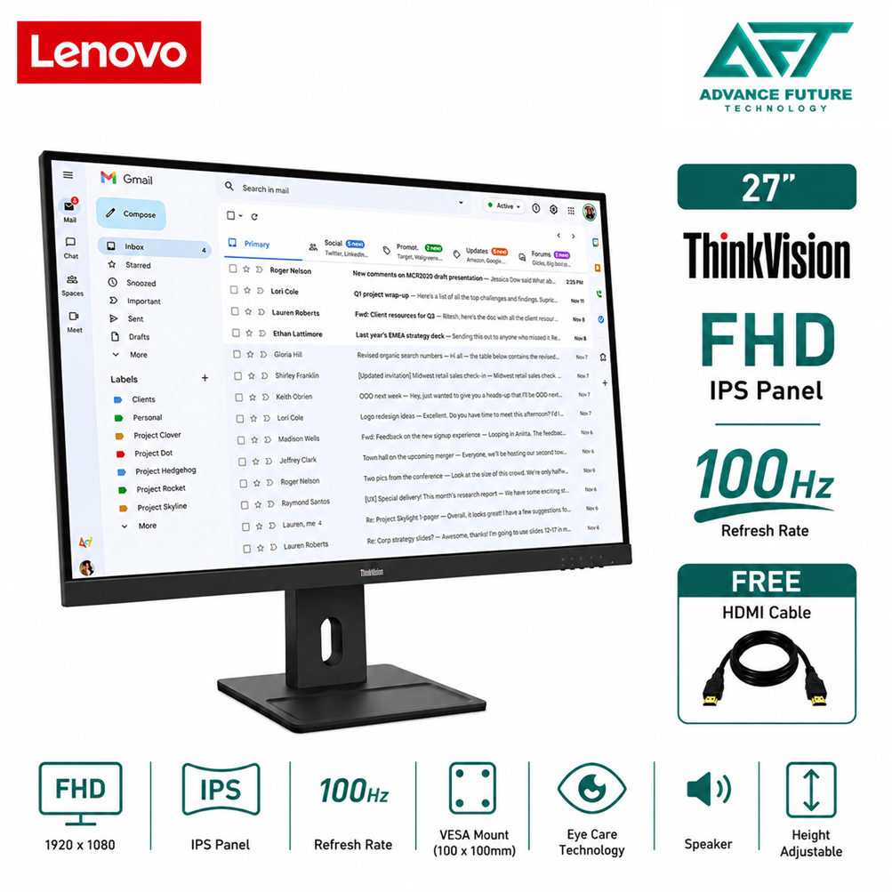 Lenovo ThinkVision E27-40 64BCMAR4MY 27'' FHD IPS 100Hz Flat Monitor ( Speaker, HDMI, DP, VGA, 3 Years Warranty )