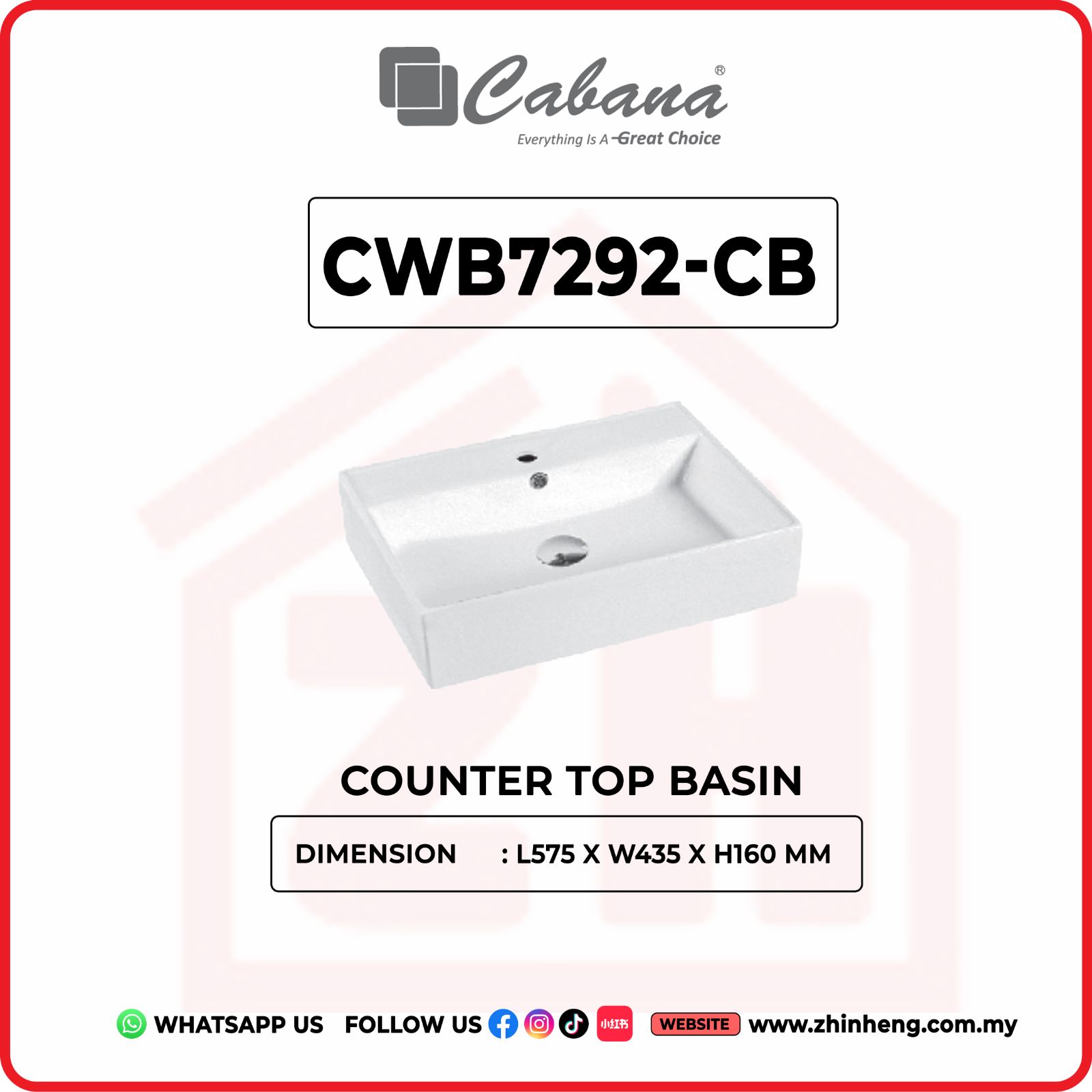 CABANA CWB7292-CB COUNTER TOP BASIN