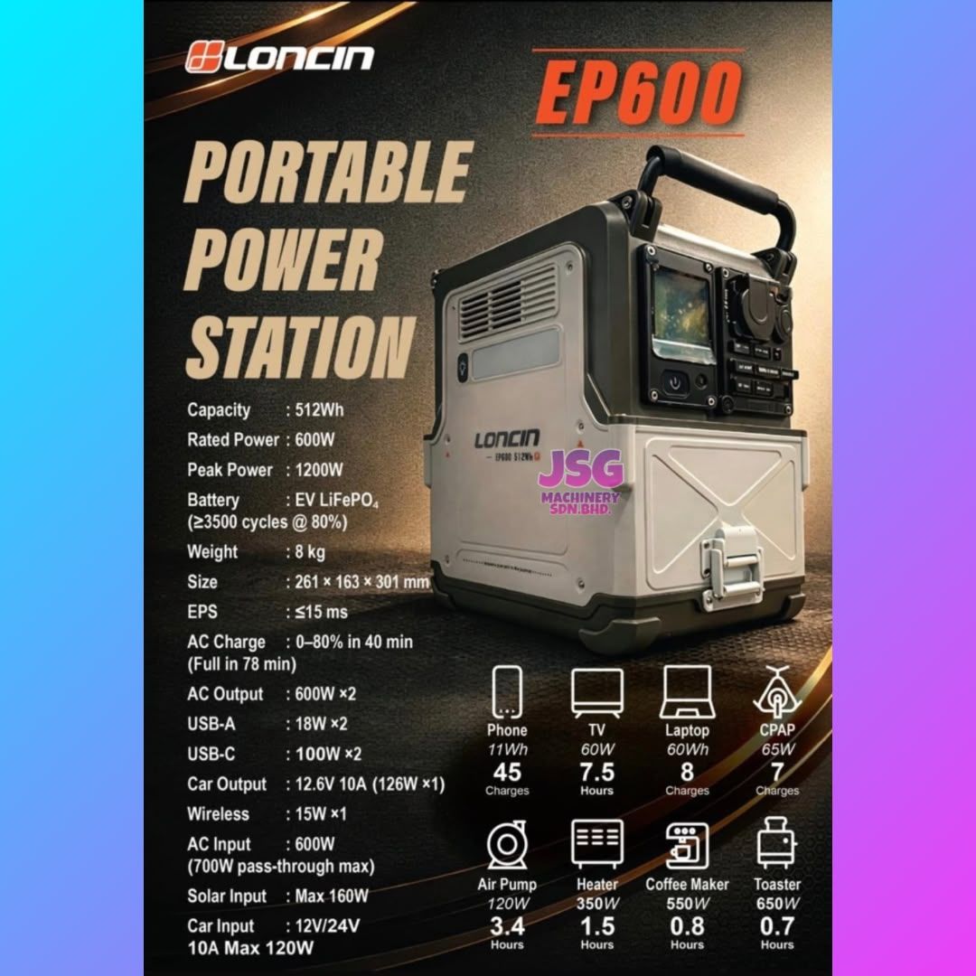 LONCIN EP600 Portable Solar Generator 600W Rated Power 1200W Peak 512Wh LiFePO4 Battery Power Station
