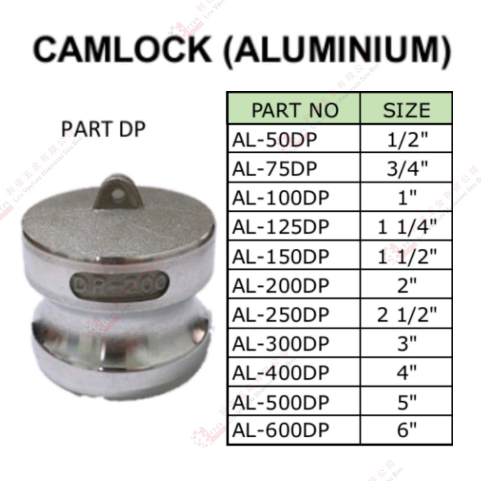 CAMLOCK ALUMINIUM - AL50DP AL75DP AL100DP AL125DP  AL150DP AL200DP AL250DP AL300DP AL400DP AL500DP AL600DP