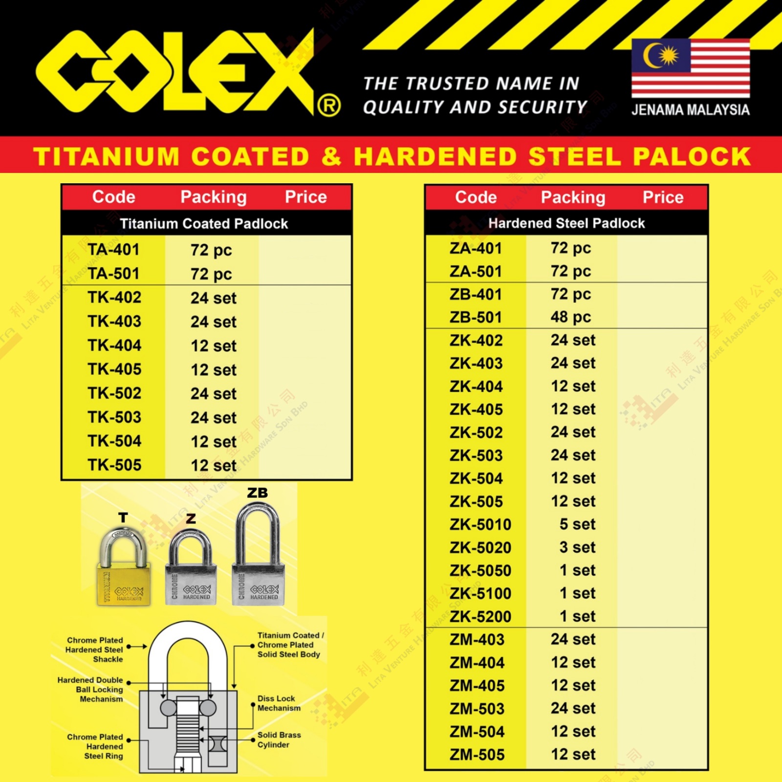 COLEX BRAND TITANIUM COATED PADLOCK - TA401 TA501 TK402-TK505 ZA401 ZA501 ZB401 ZB501 ZK402-5200 ZM403-505