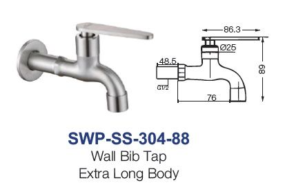 SWP-SS-304-88  Wall Bib Tap Extra Long Body - SUS304