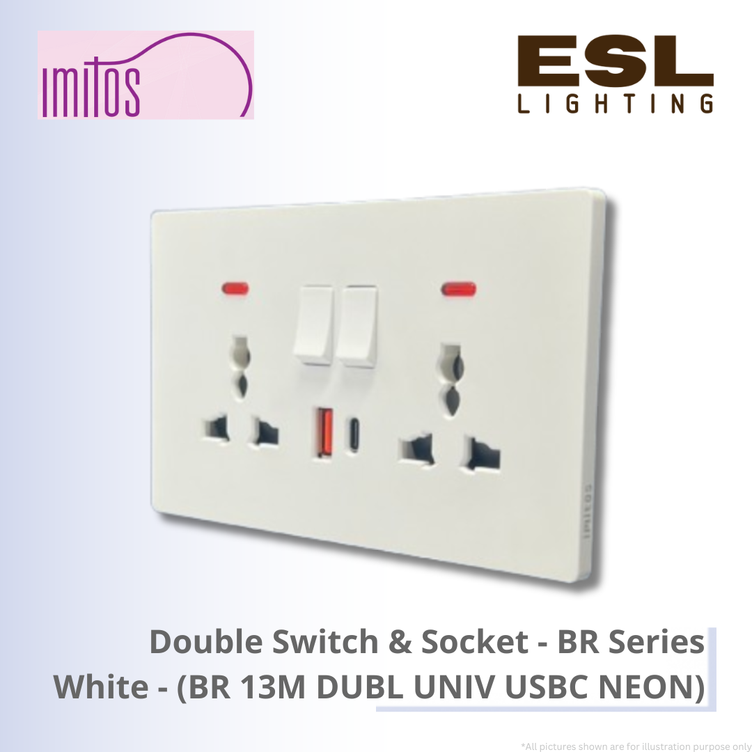 IMITOS Double Switch & Socket (BR Series) White - BR 13M DUBL UNIV USBC NEON