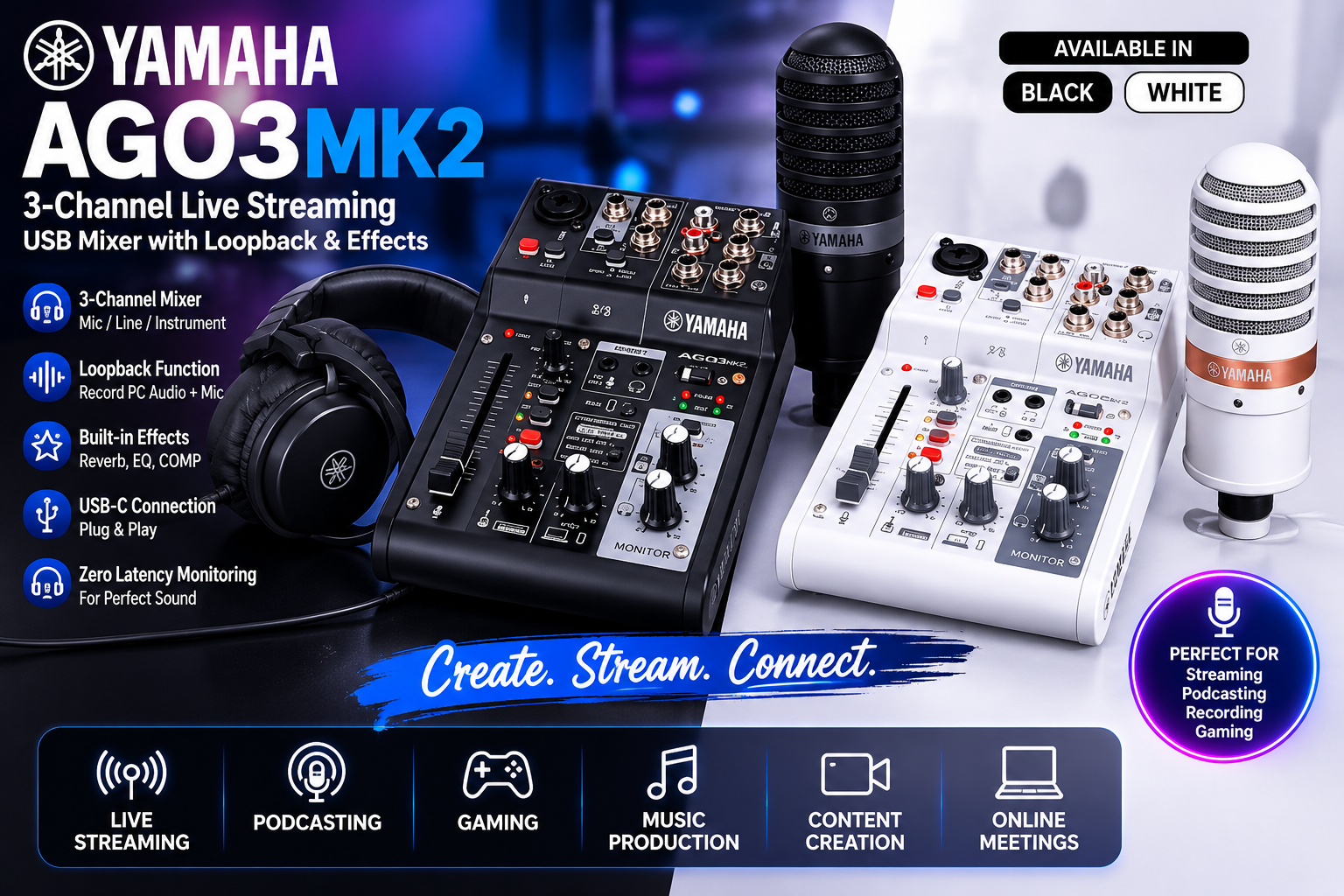 Yamaha AG03MK2 – Pengadun USB 3-Saluran untuk Live Streaming dengan Loopback & Efek (Hitam/Putih)
