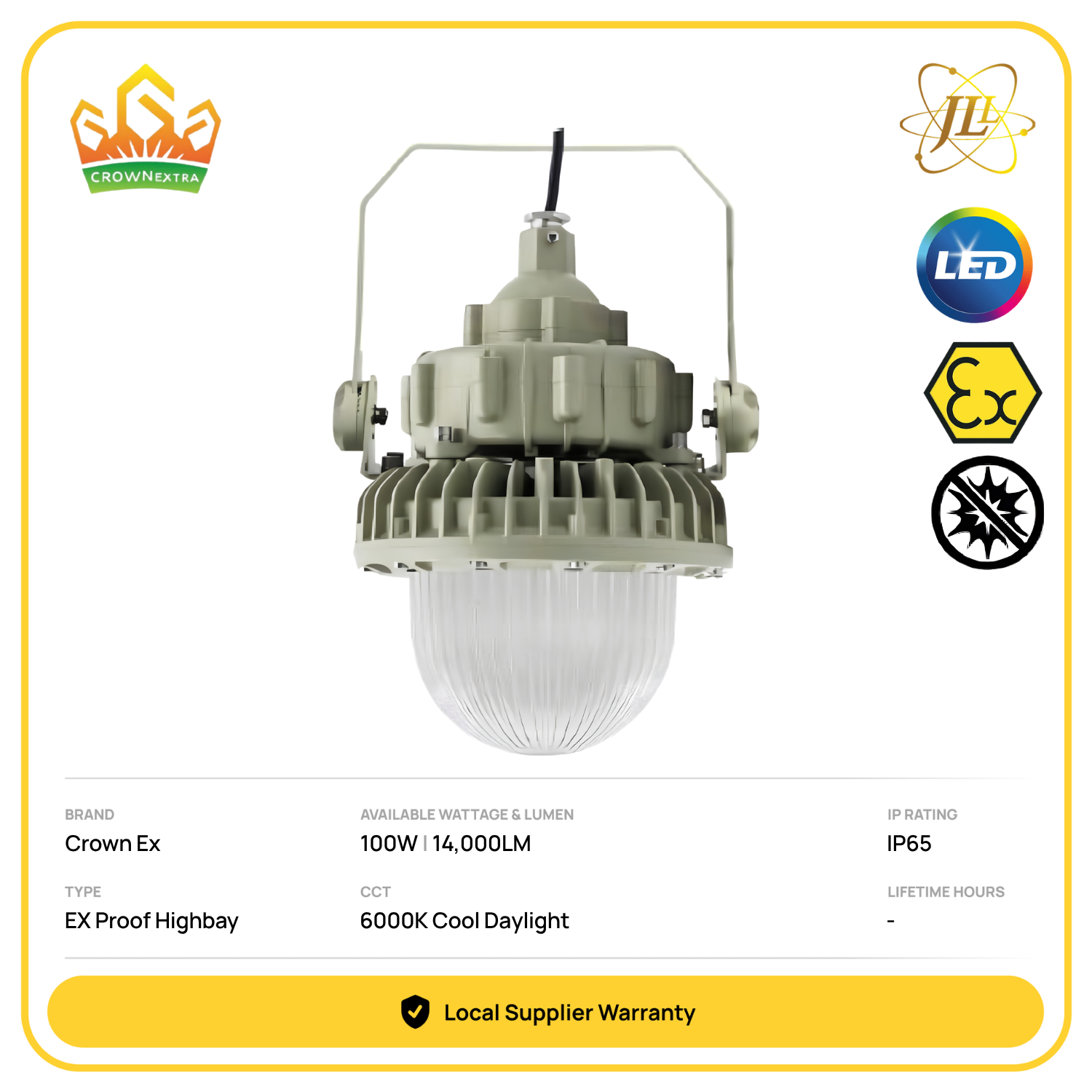 CROWN EX GYD6801-T 100W 6000K LED EXPLOSION PROOF HAZARDOUS FLAMEPROOF ANTI SPARK HIGHBAY EX DE IIC T6, IP66 ZONE 1, 2 & 21, 22 90-295V IECEx CERTIFIED