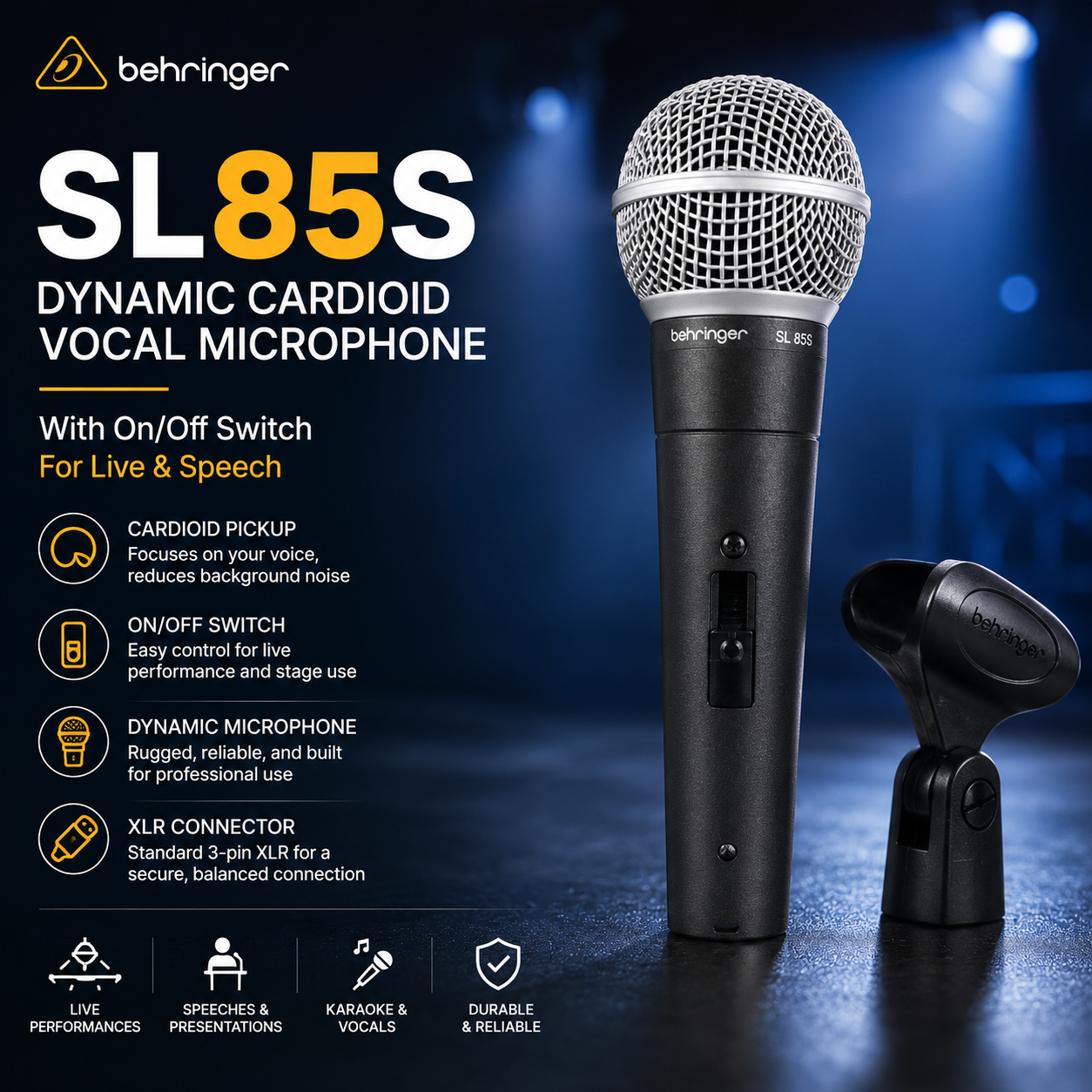 Behringer SL85S – Mikrofon Dinamik Kardioid dengan Suis untuk Vokal, Ucapan & Persembahan