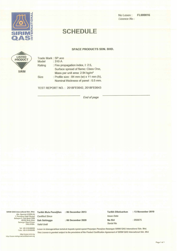 Certificate of SIRIM (Aluminium Strip Ceiling)
