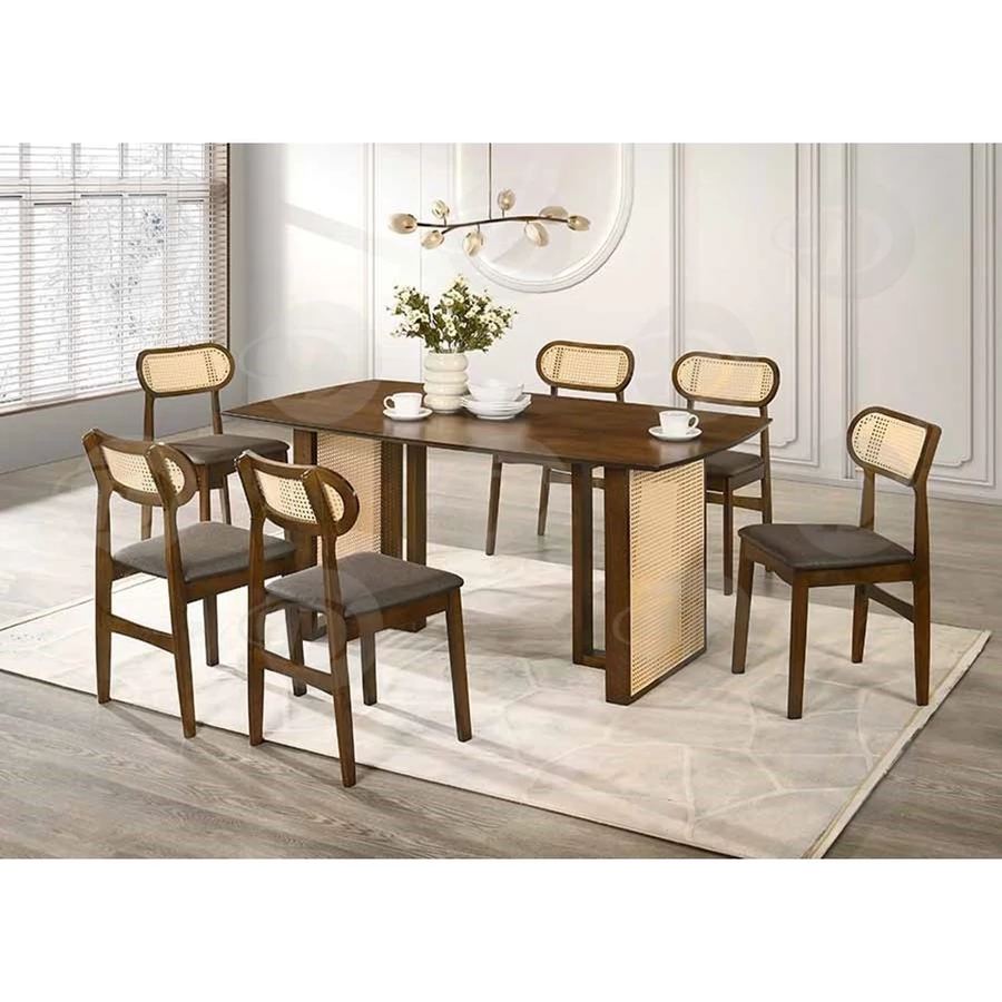 DB 5856 Rattan Wooden Dining Set Walnut White Wash Brown Cushion