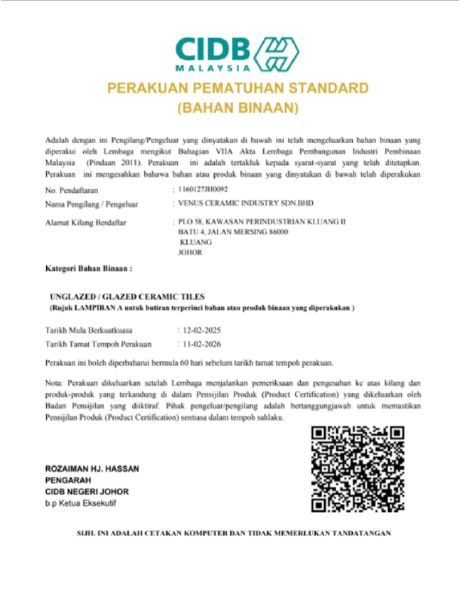 CIDB Malaysia Standard Compliance Certification (Building Materials)
