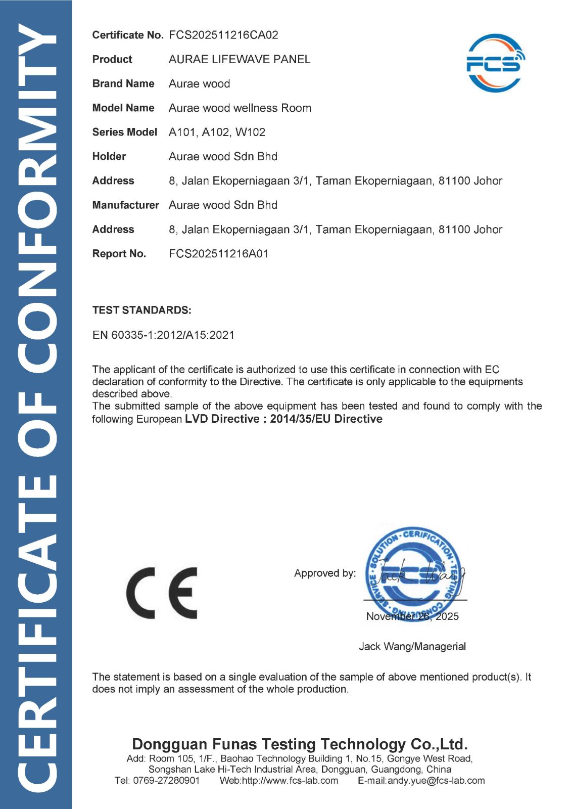 CE LVD Electrical Safety Certification – Aurae Lifewave Panel