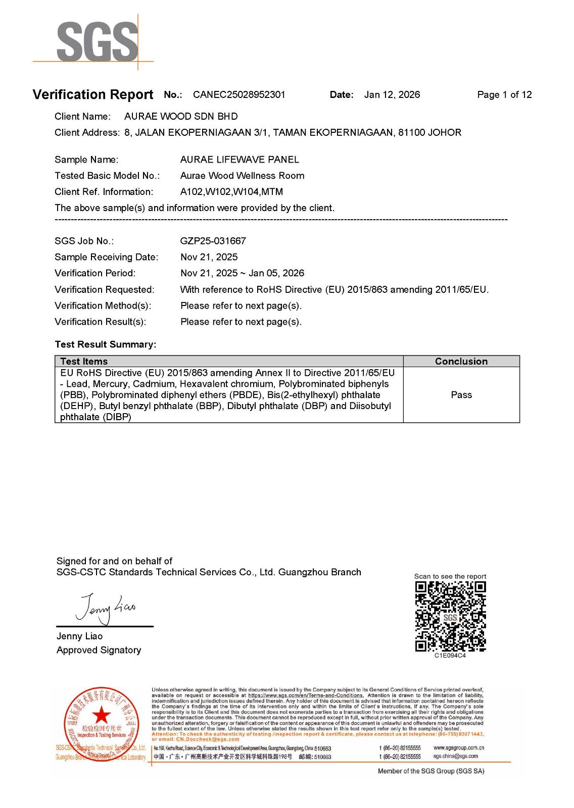SGS EU RoHS Safety Certification – Aurae Lifewave Panel