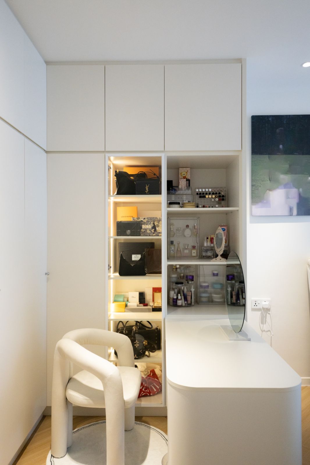 Custom Wardrobe With Built-In Vanity Desk And LED Handbag Display In Klang Valley