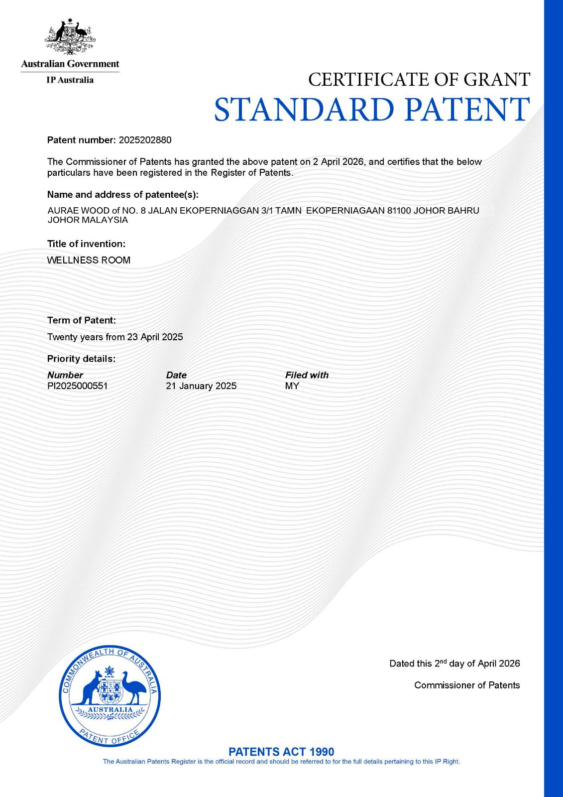 Australian Standard Patent Certificate – Aurae Wood Wellness Room