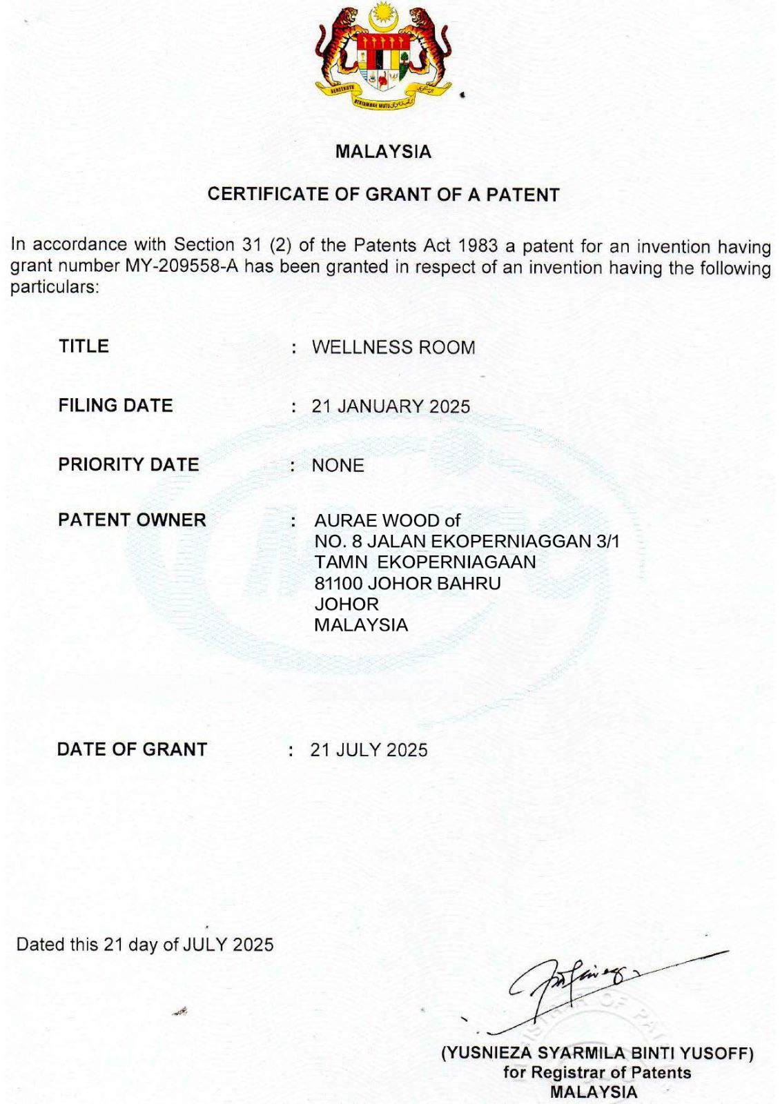 Malaysian Patent Grant – Aurae Wood Wellness Room