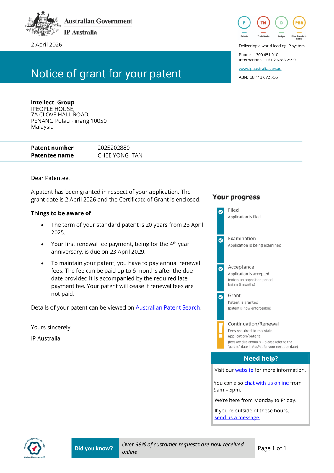 Official Australian Patent Grant – Proprietary Wellness Innovation