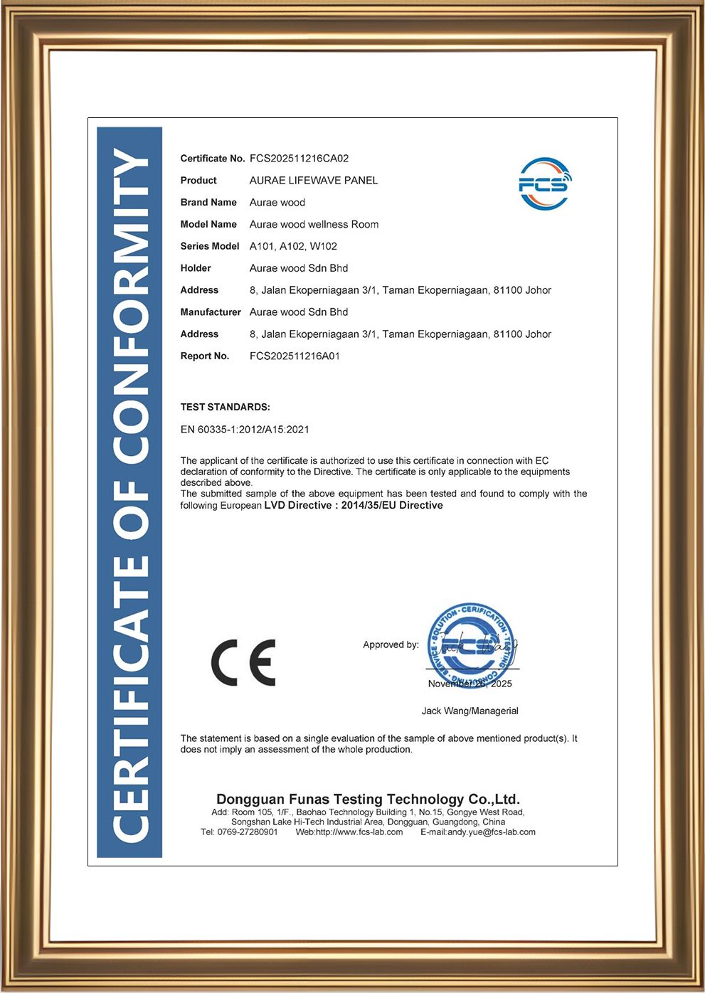 CE LVD Electrical Safety Certification – Aurae Lifewave Panel