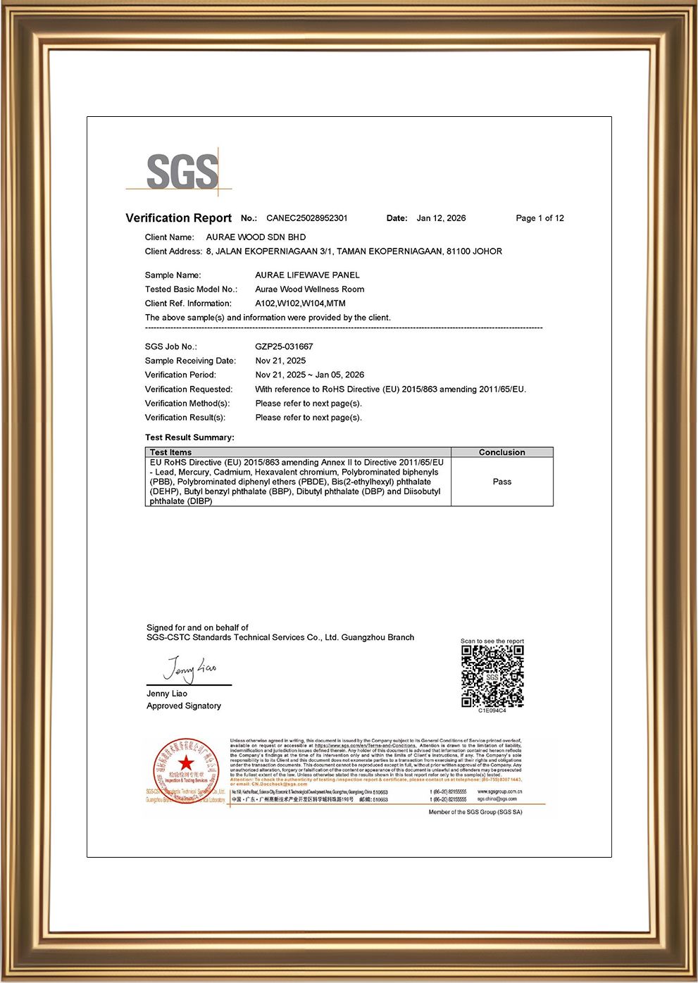 SGS EU RoHS Safety Certification – Aurae Lifewave Panel