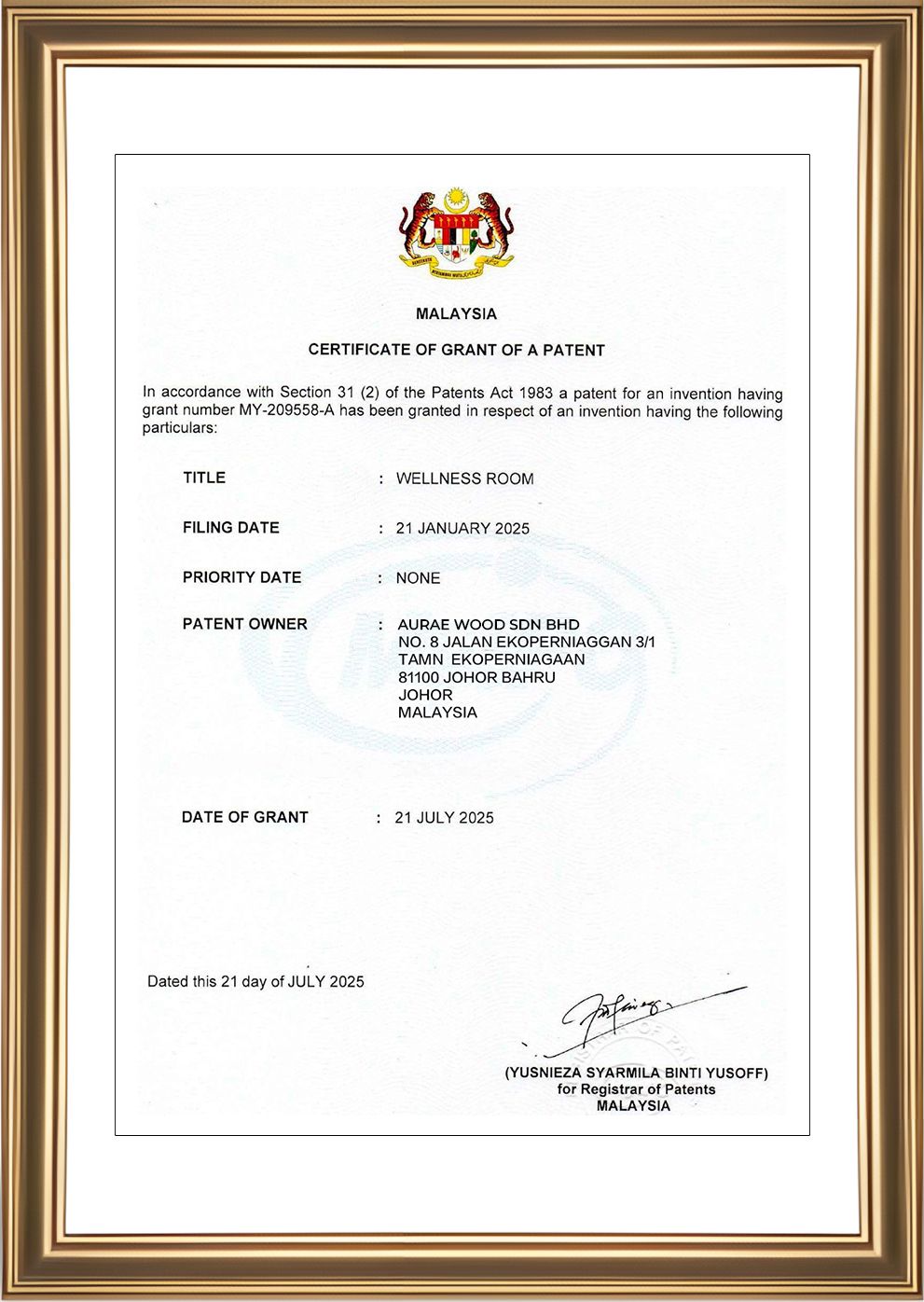 Malaysian Patent Grant – Aurae Wood Wellness Room