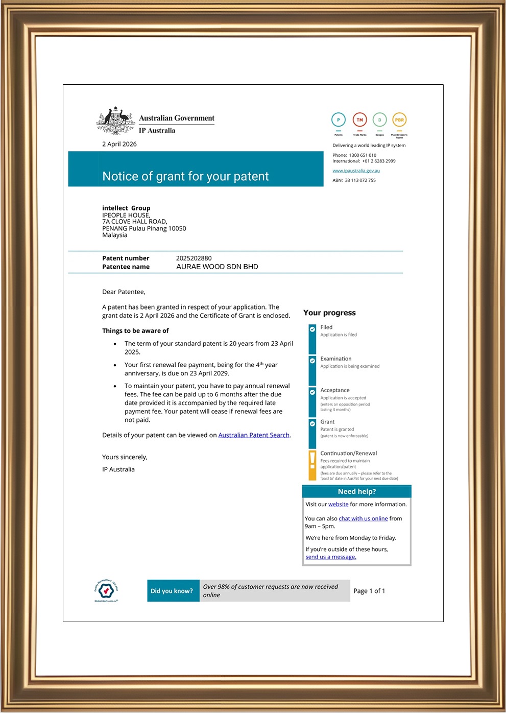 Official Australian Patent Grant – Proprietary Wellness Innovation