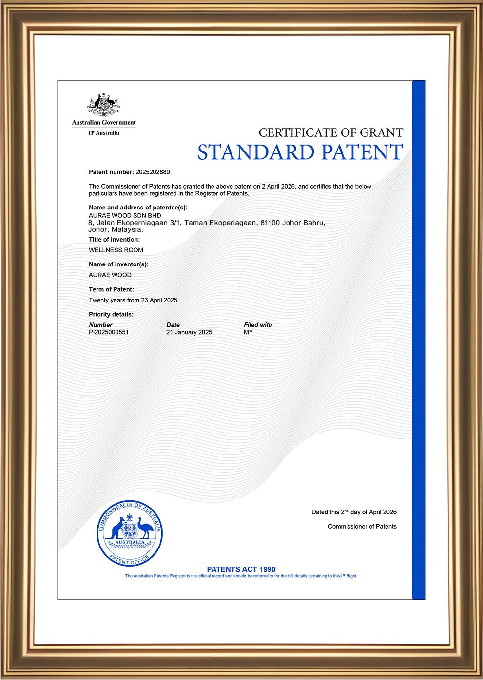 Australian Standard Patent Certificate – Aurae Wood Wellness Room