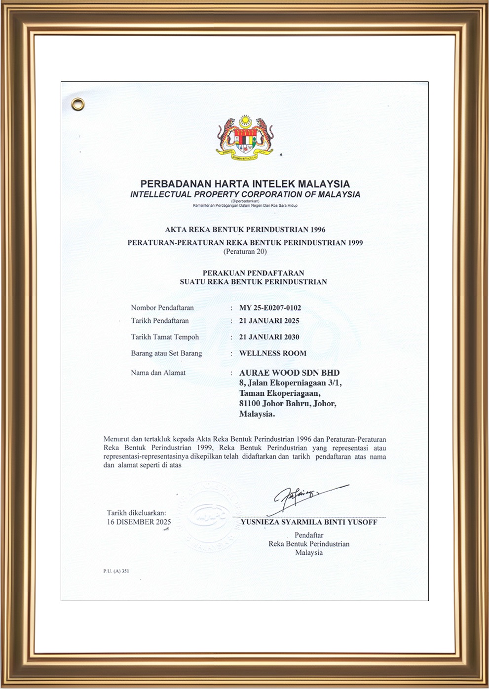 Malaysian Industrial Design Registration Certificate – Aurae Wood Wellness Room