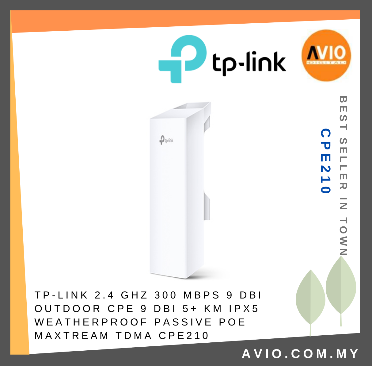 TP-LINK Tplink 5KM Transmission IP65 Outdoor Weatherproof CPE 2.4 GHz 300  Mbps 9 dBi Passive PoE MAXtream TDMA CPE210 Network Johor Bahru (JB),  Kempas, Johor Jaya Supplier, Suppliers, Supply, Supplies | Avio Digital