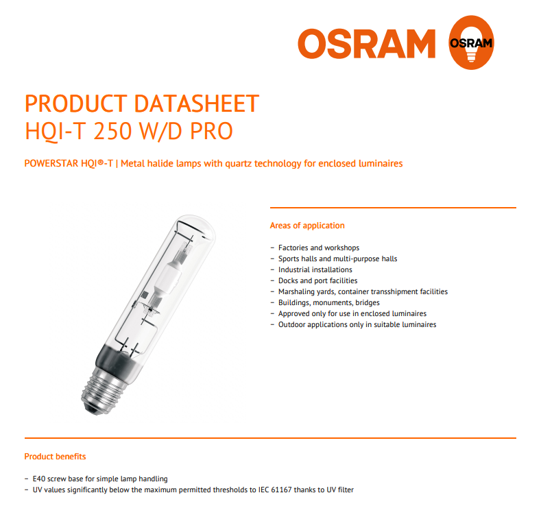 OSRAM HQI-T 250W/D 18000LM 5500K E40 METAL HALIDE TUBE UNDERWATER