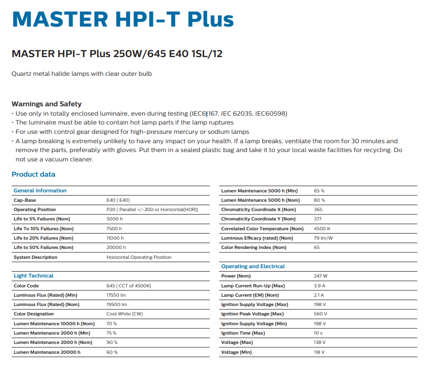 PHILIPS MASTER HPI-T PLUS 250W/645 E40 HID TUBE 928481300098 Kuala Lumpur  (KL), Selangor, Malaysia Supplier, Supply, Supplies, Distributor | JLL  Electrical Sdn Bhd
