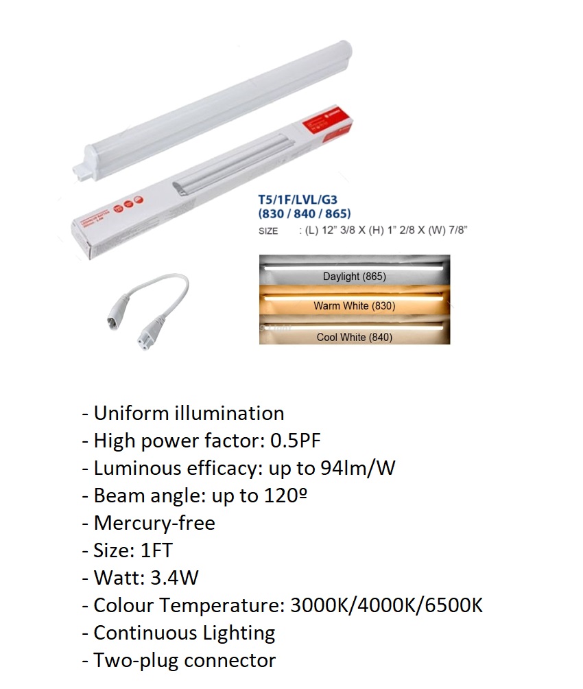 OSRAM LEDVANCE LDVAL BAT300 3.4W 3000k/4000k/6500k LED T5 BATTEN (1 FEET)  C/W POWER CONNECTOR Kuala Lumpur (KL), Selangor, Malaysia Supplier, Supply,  Supplies, Distributor | JLL Electrical Sdn Bhd